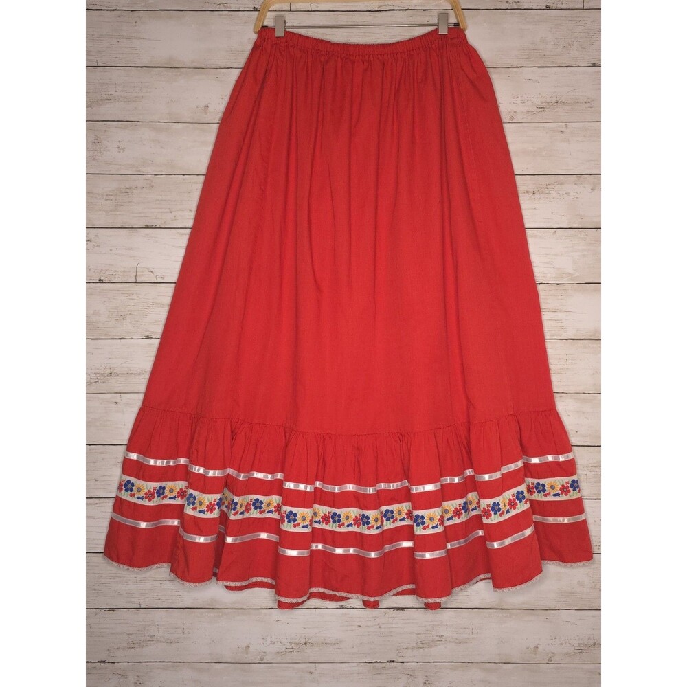 Vintage Peasant Skirt Red Floral Ribbon Prairie Western Boho Farmhouse One Size
